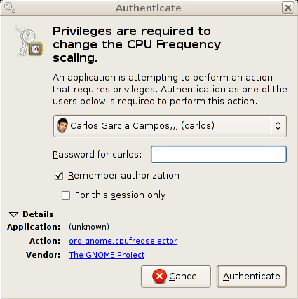 PolicyKit-gnome authentication dialog