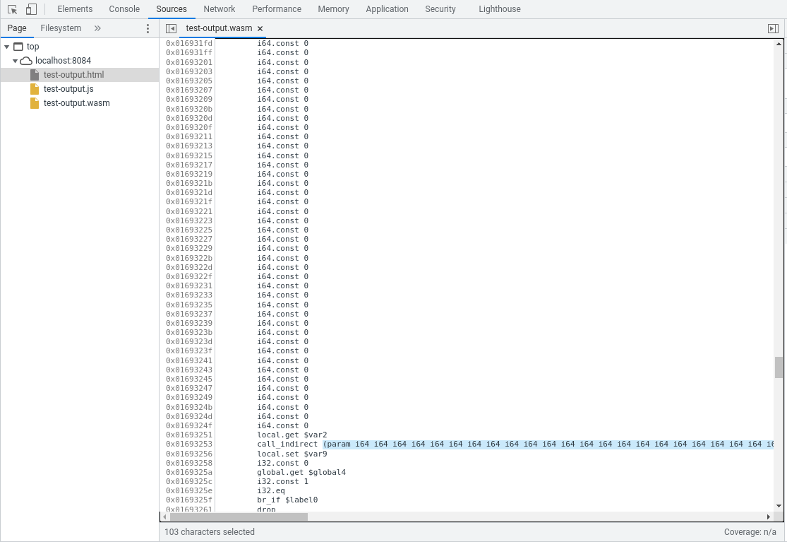 Screenshot of decompiled Wasm showing a large number of function parameters
