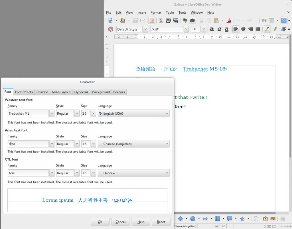 LibreOffice font selector