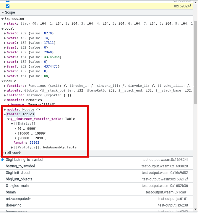 Screenshot of the V8 debugger showing a Wasm module with more than 20,000 entries in its function table