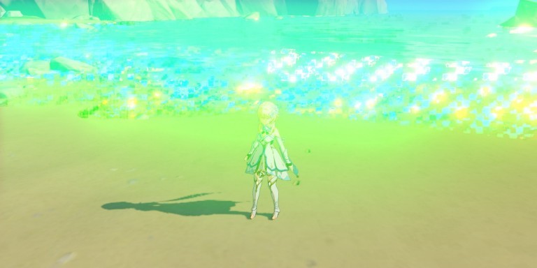 Screenshot of the gameplay with body of water that has large colorful artifacts