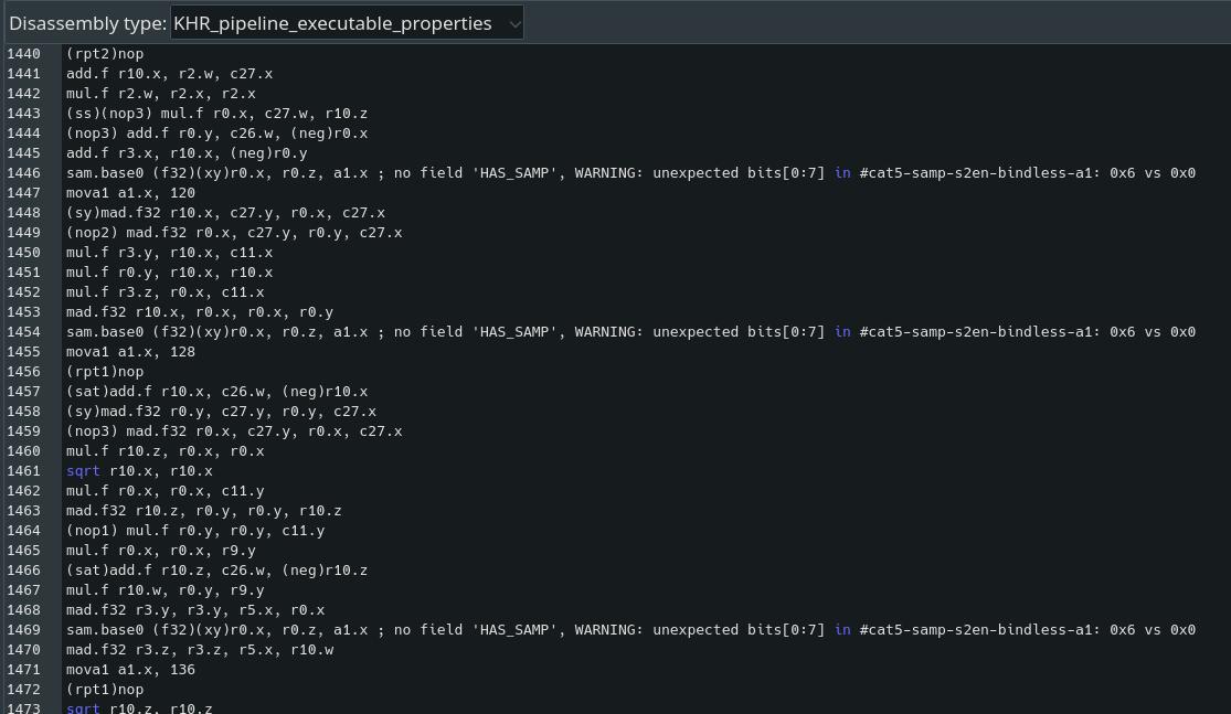 Part of the problematic shader with a few instructions having a warning printed near them