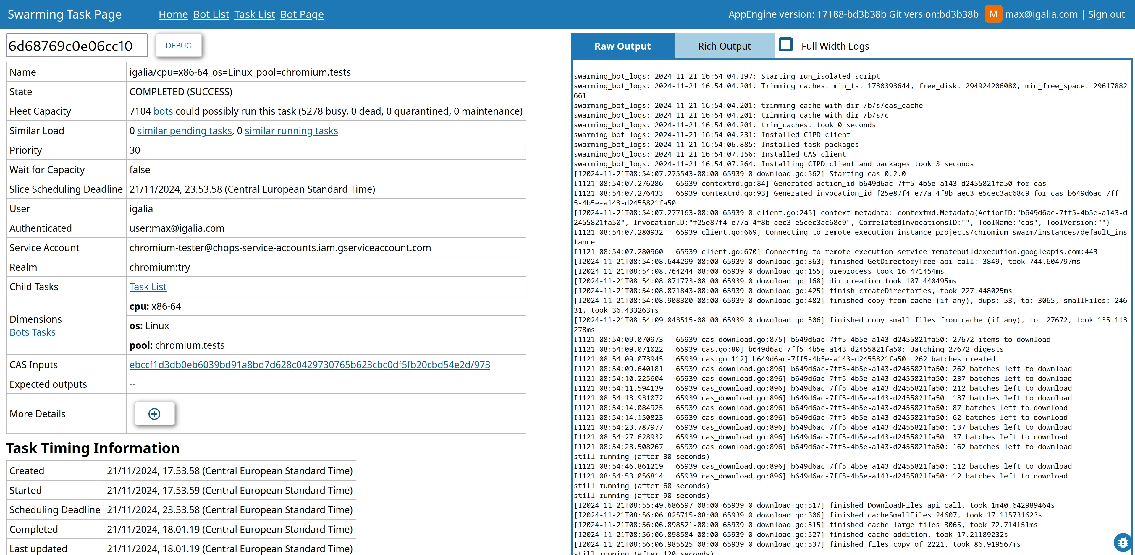 Screenshot of a Swarming task page, showing metadata and the log