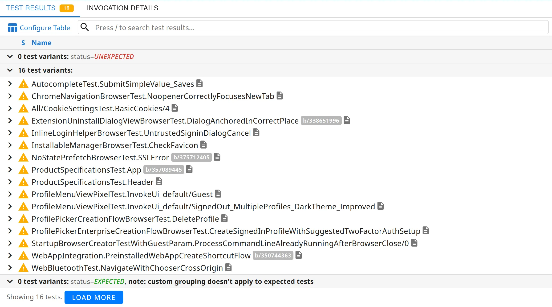 Screenshot of ResultDB displaying test results from a CQ dry run