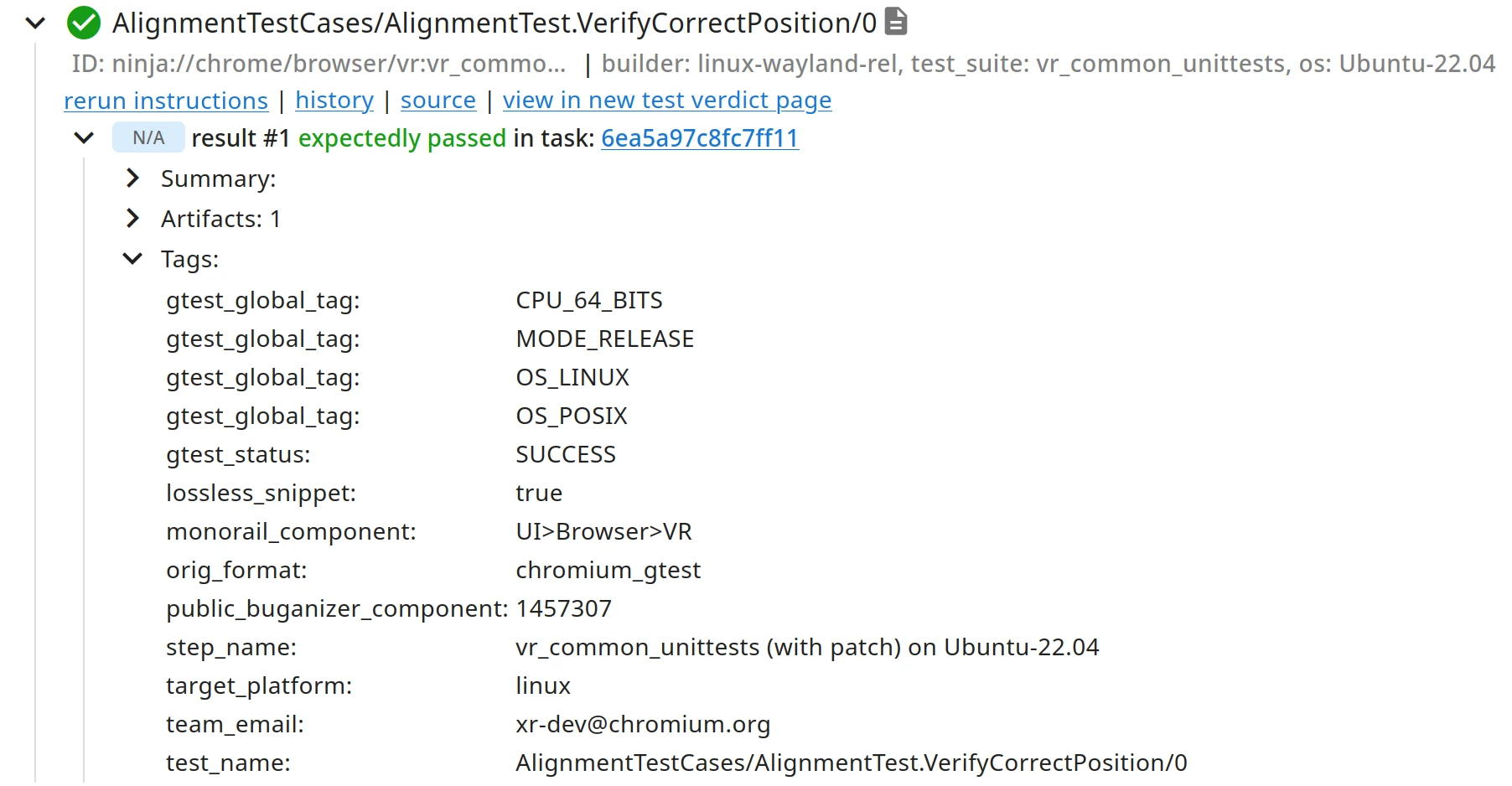 Screenshot of the expanded view of a test in ResultDB with the
Tags section also expanded