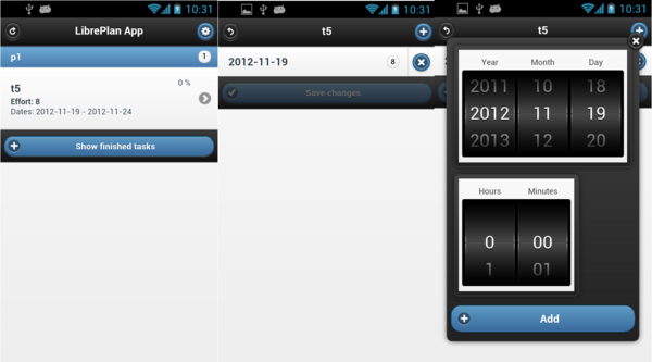 Screenshots of LibrePlan mobile app