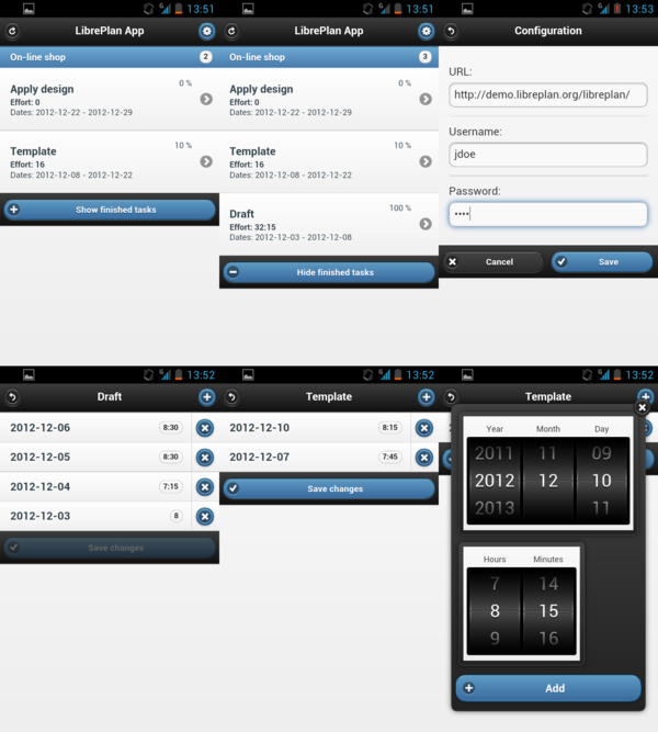 Screenshots of LibrePlan mobile app