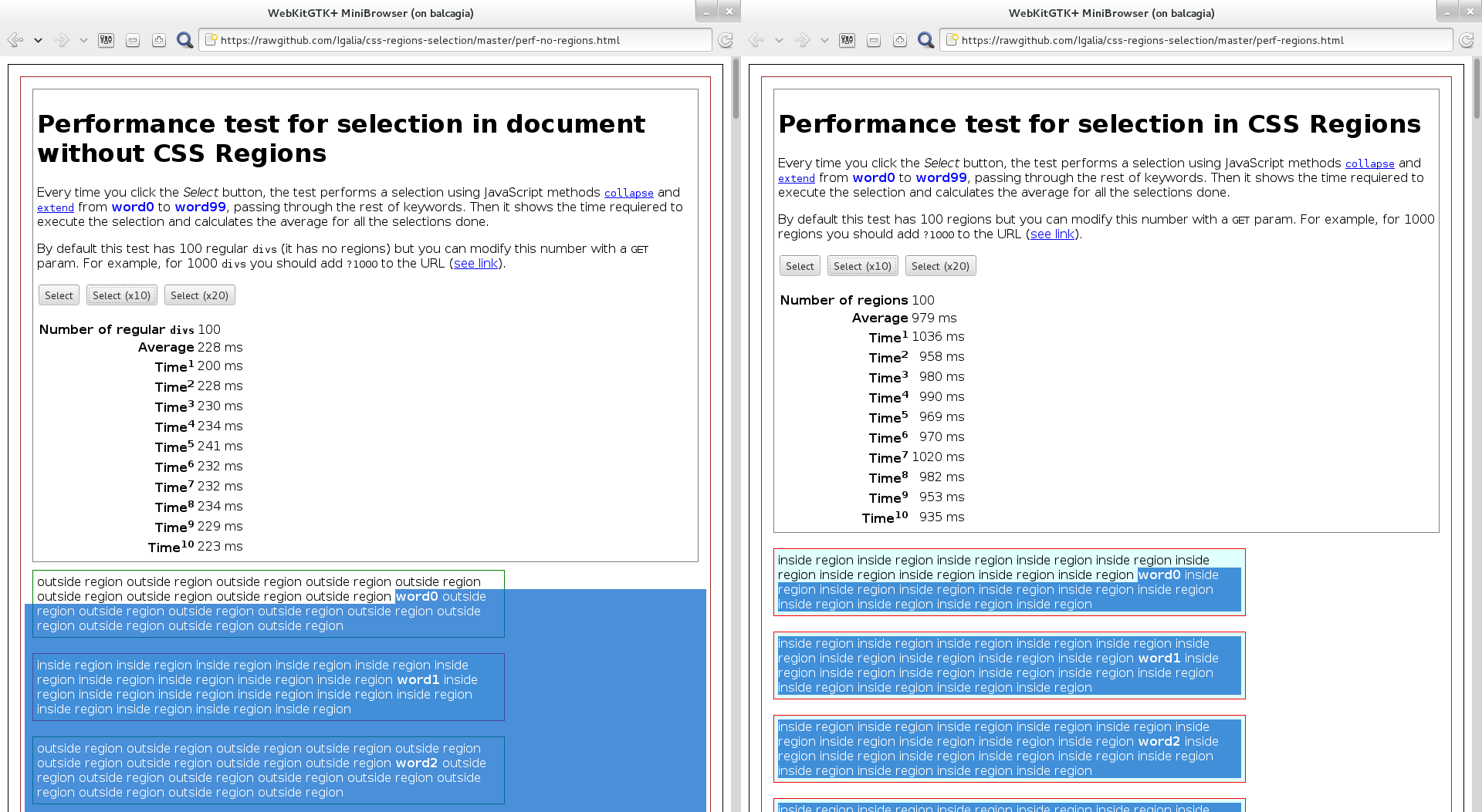 Example of selection performance in a document with and without CSS Regions in WebKitGTK+