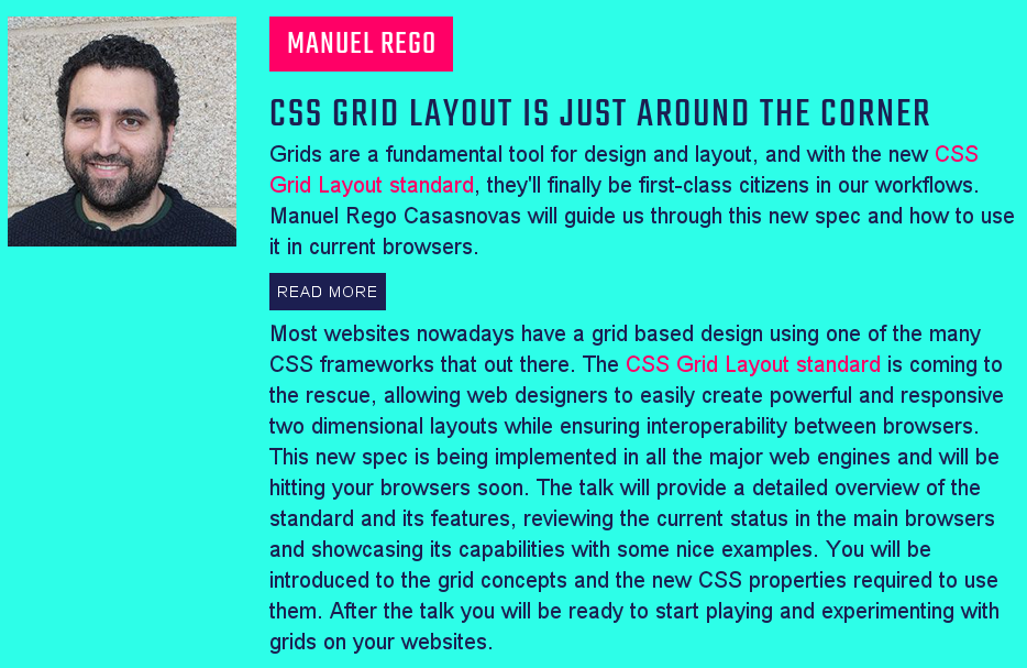 Screenshot of the CSSConf website announcing my talk: CSS Grid Layout is just around the corner