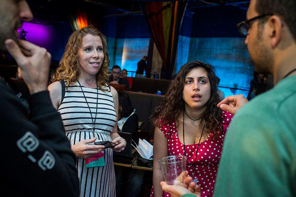 Picture of a conversation between Nicole Sullivan, Lea Verou and myself after my CSSConf talk