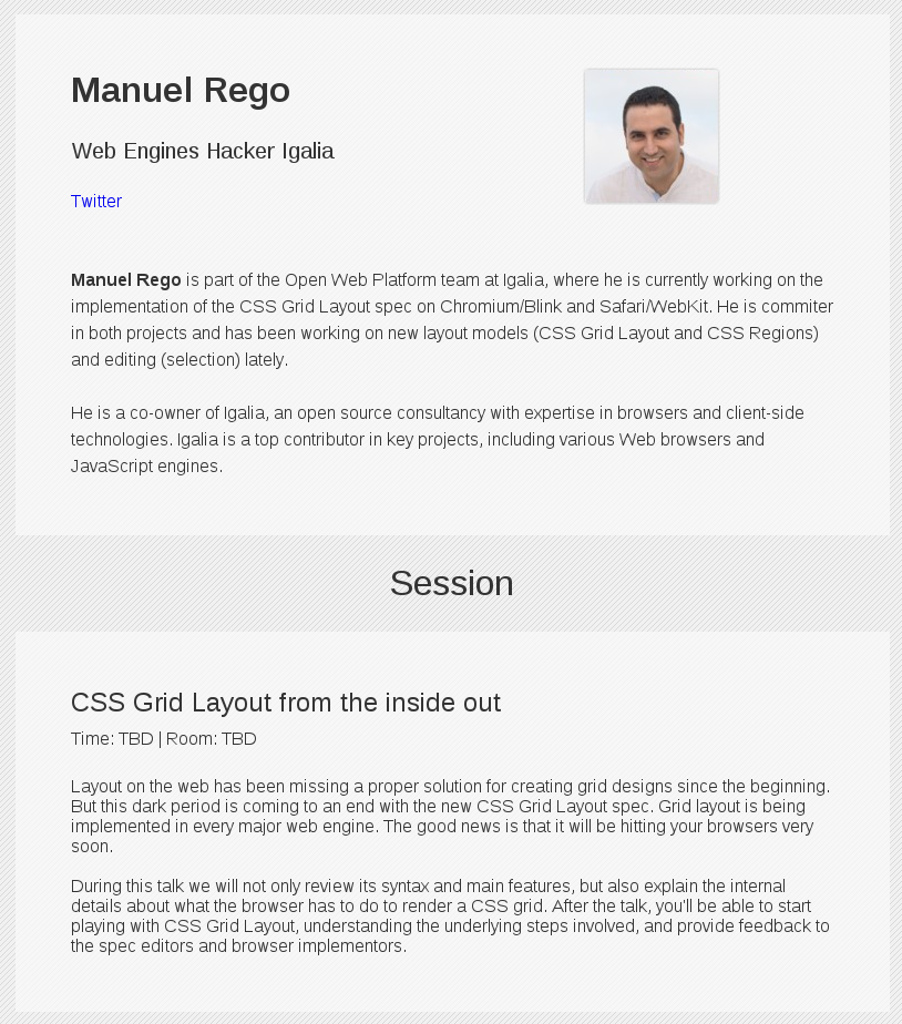 Screenshot of HTML5DevConf website announcing my talk: CSS Grid Layout from the inside out