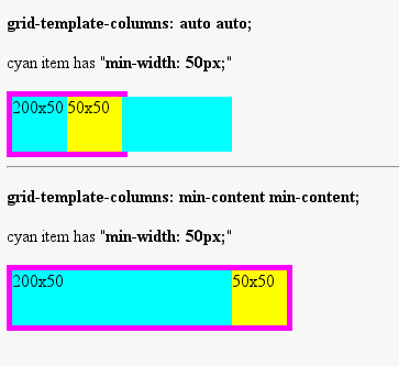 Screenshot of an example of auto columns vs min-width