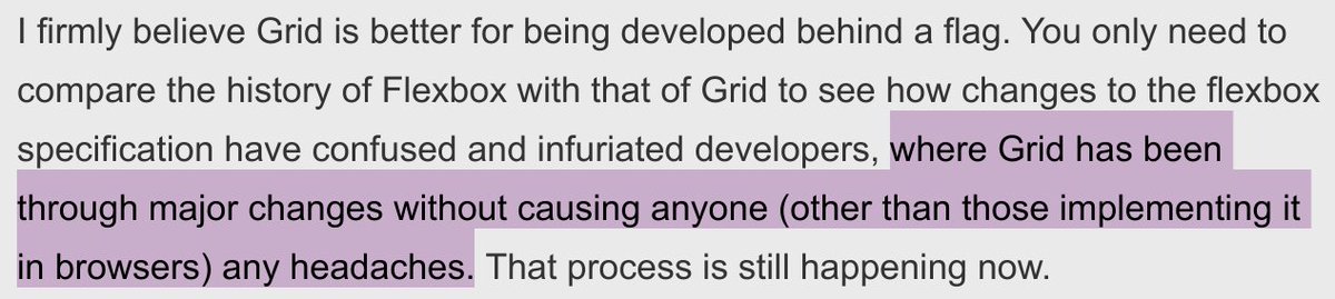 Screenshot of the blog post highlighting the sentence "where Grid has been through major changes without causing anyone (other than those implementing it in browsers) any headaches"