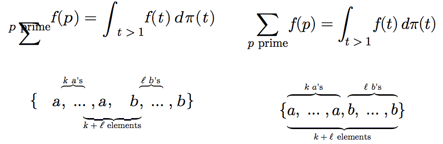 Screenshot of some MathML formulas rendering before and after