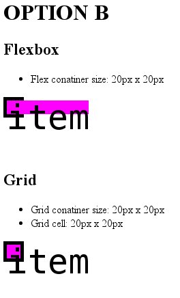 Screenshot of flexbox with flex container size 20x20; and grid with grid container size 20x20 and grid cell 20x20. In flexbox the item width is the total content by height is restricted by 20px; in grid the width and height are restricted by 20px