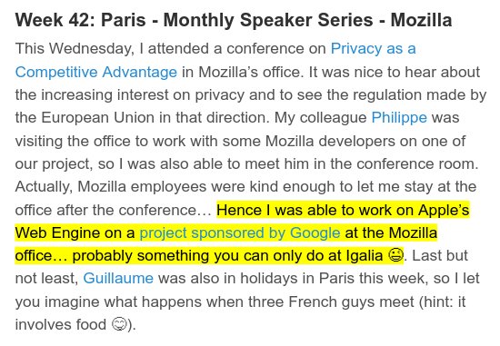 Screenshot the blog post highlighting the sentence: "Hence I was able to work on Apple’s Web Engine on a project sponsored by Google at the Mozilla office… probably something you can only do at Igalia 😉"