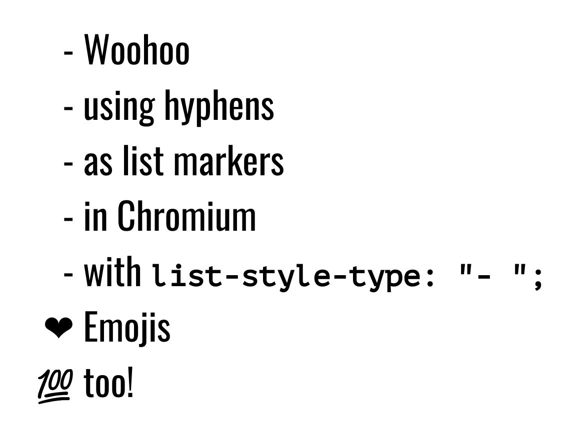 Screenshot of usage of list-style-type to change the markers to use "-" or emojis