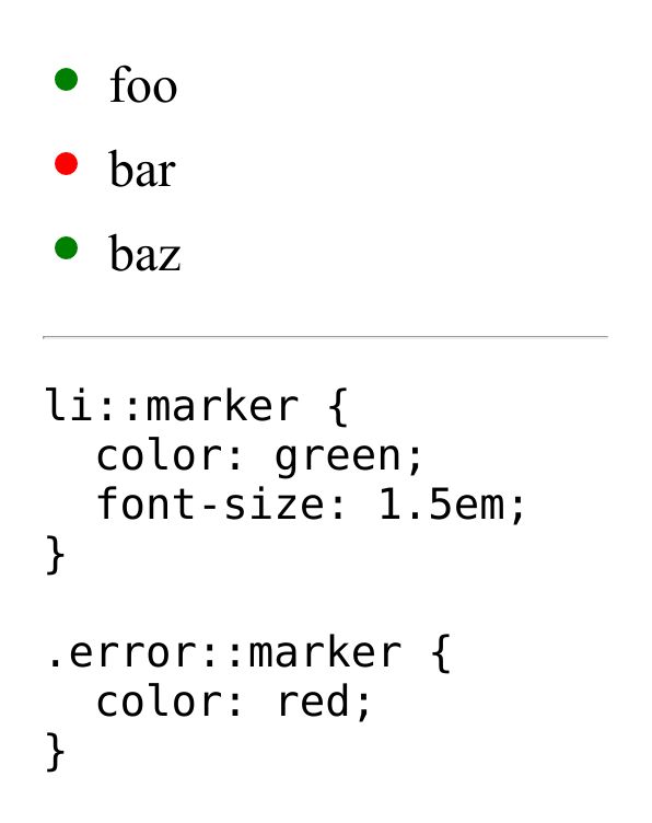 Screenshot of ::marker usage changing the list item marker to green or red colors