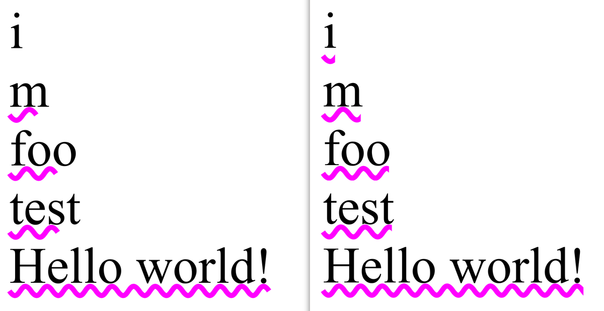 Screenshots comparing rendering in Chromium vs my patch of some text using "text-decoration: magenta wavy underline" and some text with a big font (100px). Chromium doesn't cover the whole length of the text with the wavy underline, while my path fixes that. The texts on the screenshots are: "i" (underline is not visible in Chromium). "m" (it doesn't cover the whole width). "foo" (it doesn't cover the whole width). "test" (it doesn't cover the whole width). "Hello world!" (it covers the whole width in both, actually it looks better in Chromium due to how the underline is clipped on my patch)