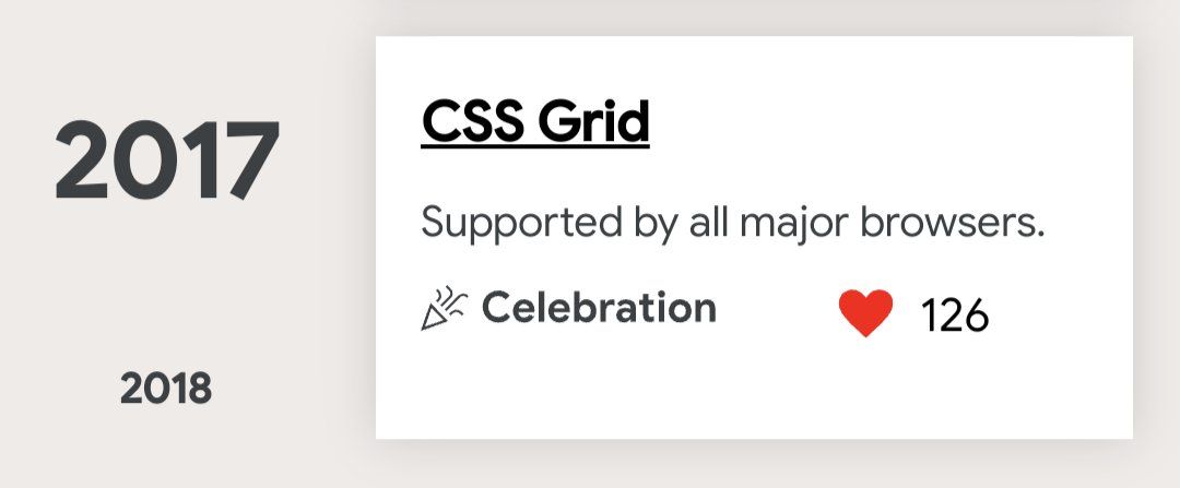 Screenshot of the Chrome 100 release website. The screenshot shows the year 2017 when CSS Grid was supported by all major browsers