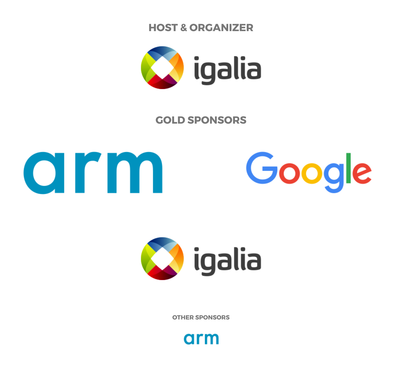 Web Engines Hackfest 2022 Sponsors - Host & Organizer: Igalia. Gold Sponsors: Arm, Google and Igalia. Other Sponsors: Arm (Lunch sponsor)