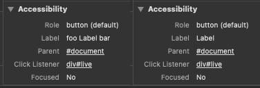 Screenshot of Safari Technology Preview inspector where the accessibility information shows as label 