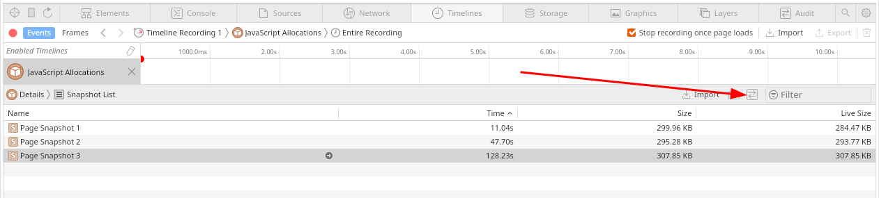 Web Inspector heap delta.
