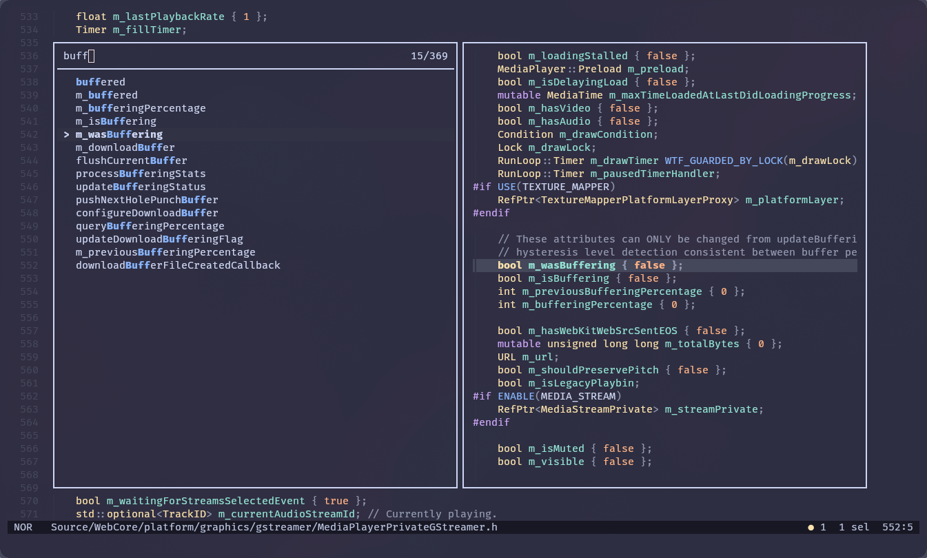 Example of using the symbol picker in Helix in a WebKit header file - there is a big popup across the entire window, showing results of a fuzzy search on the left, and a snippet of the selected item on the right