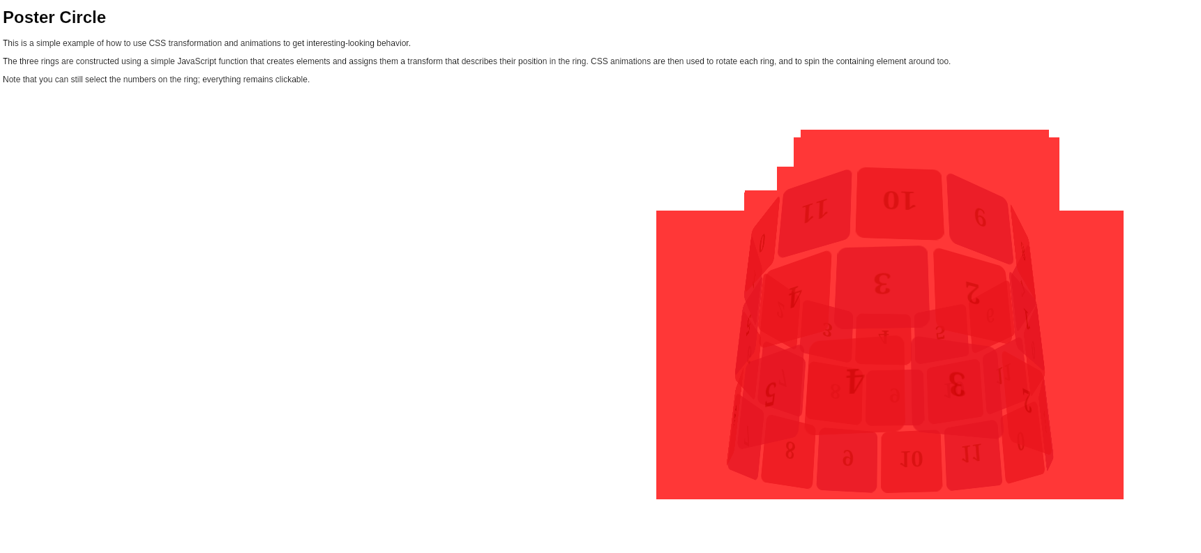 Screenshot of a web page showing the “Poster Circle” CSS transforms demo, with red rectangles overlapping the areas that have been last re-rendered