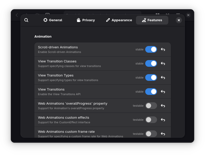 Features page in the GNOME Web preferences dialog