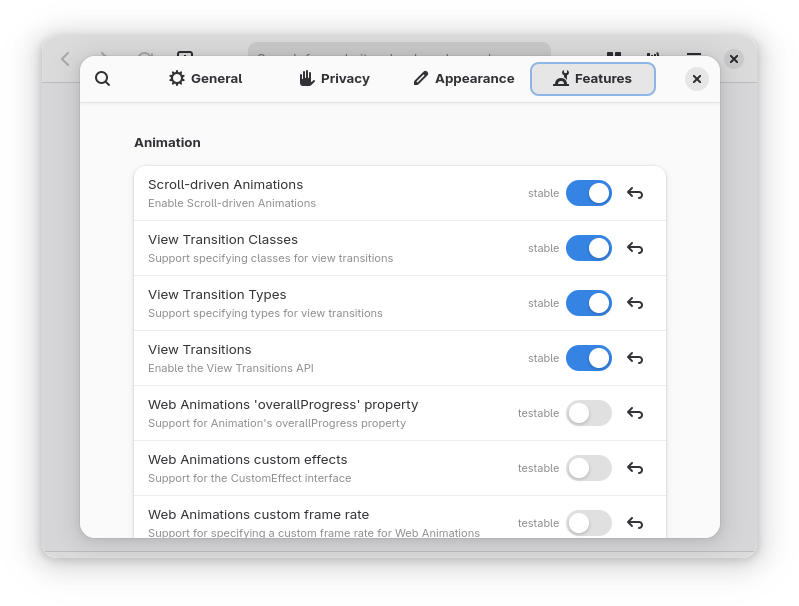 Features page in the GNOME Web preferences dialog